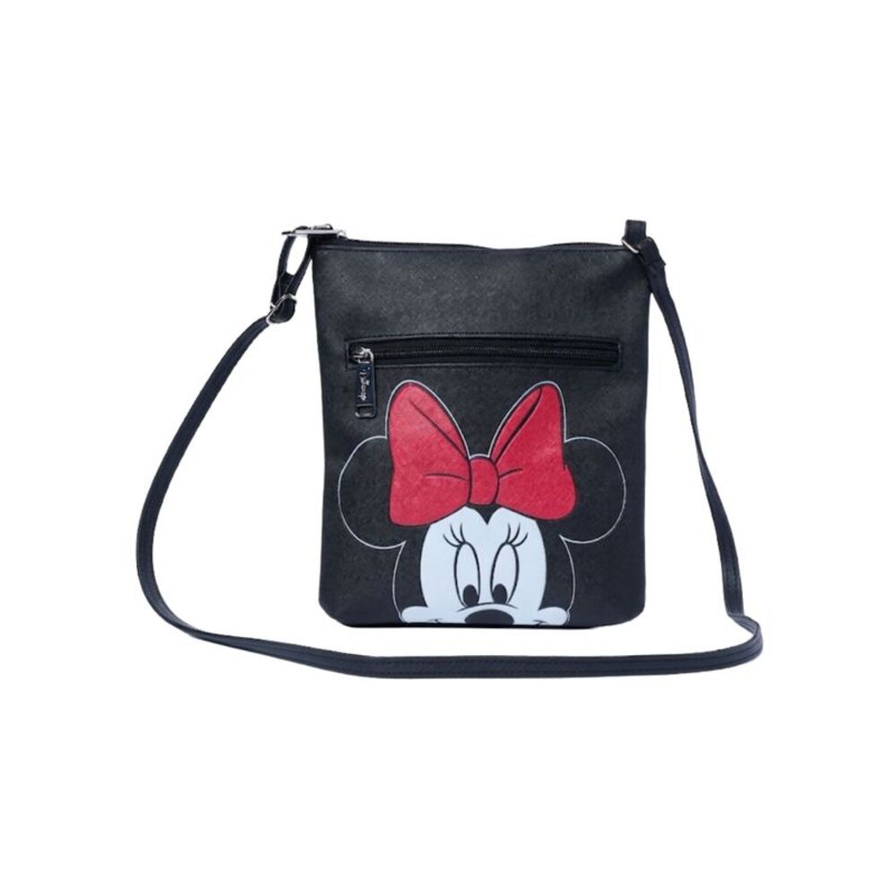 New Disney Minnie Mouse Crossbody Purse Passport Bag Travel Black Faux Leather